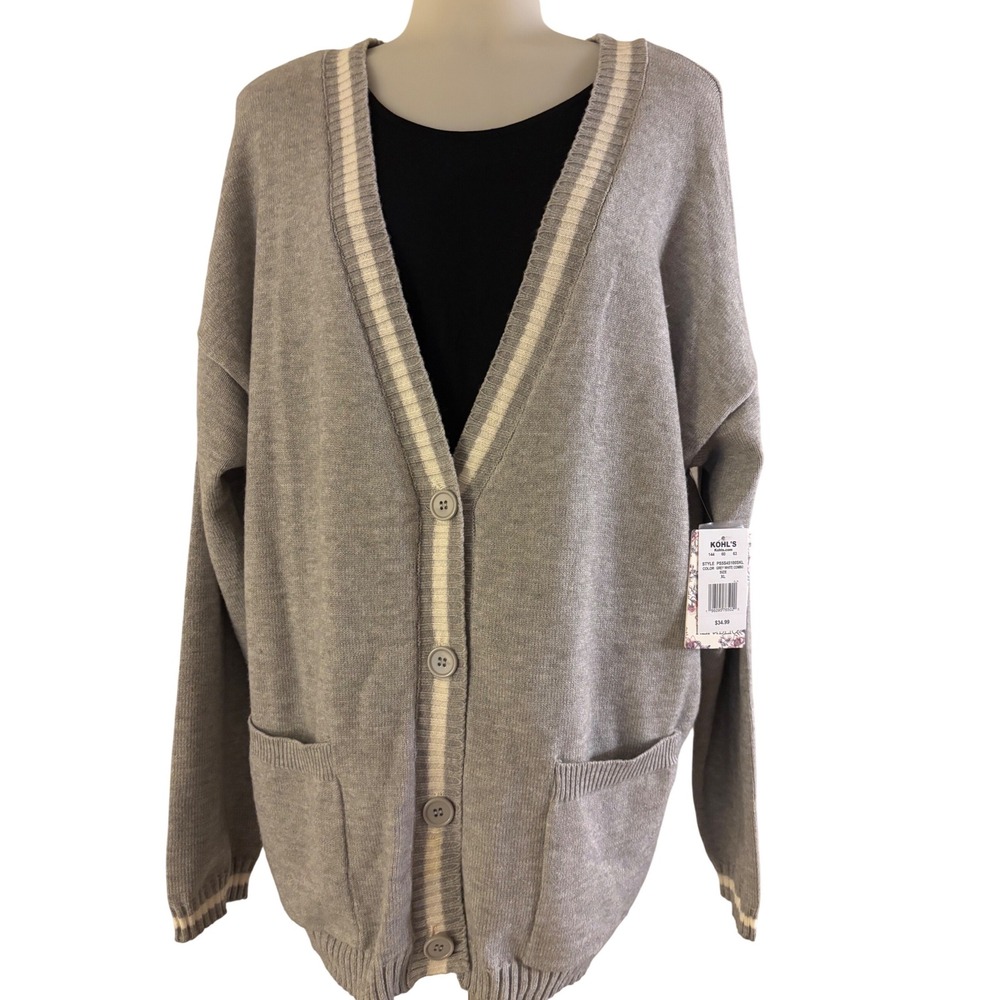 Pink Republic Grey White Combo V Neck Button Front Cardigan Sweater Womens NWT